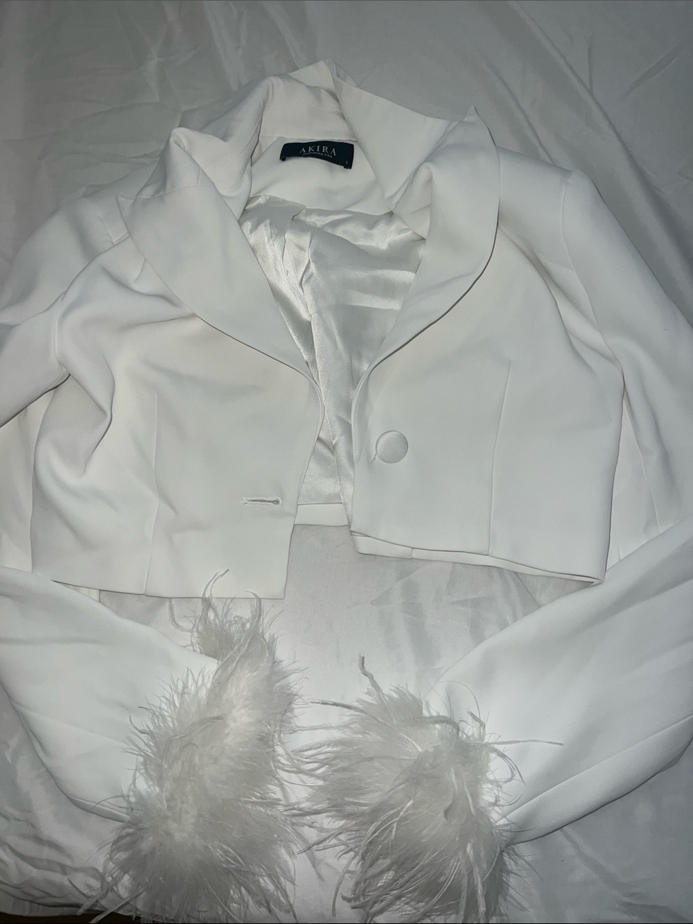 AKIRA White Cropped Blazer with Feather Cuffs